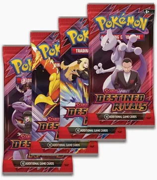 Pokémon TCG Destined Rivals booster pack from Scarlet & Violet expansion featuring Cynthia, Ethan, Arven and Team Rocket Pokémon